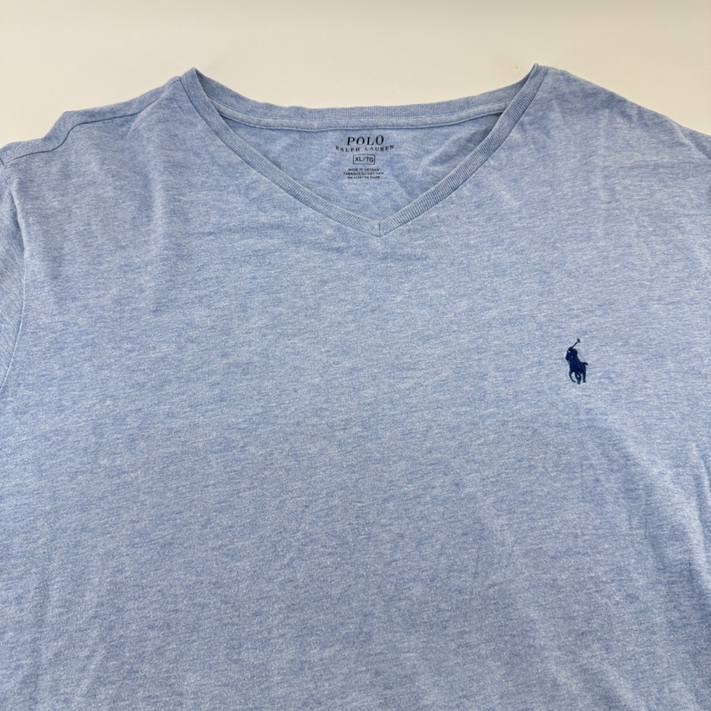 Polo Ralph Lauren T-Shirt Men‎ XL Blue Solid Cotton V-Neck Pony Logo